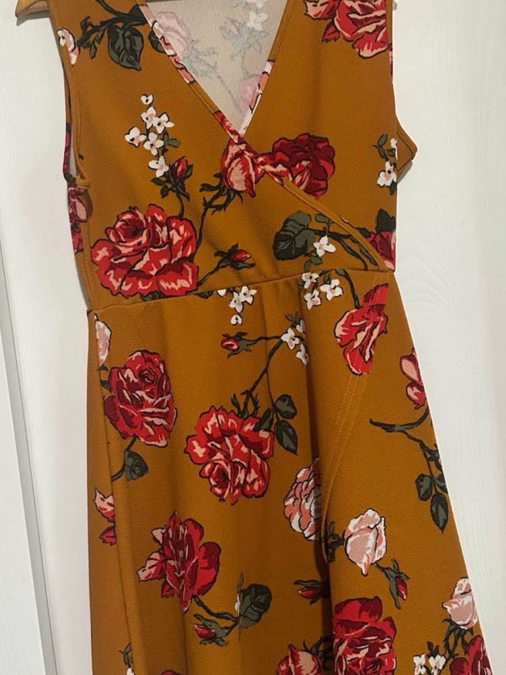 Planet Gold Mustard Midi Dress with Red Rose Print